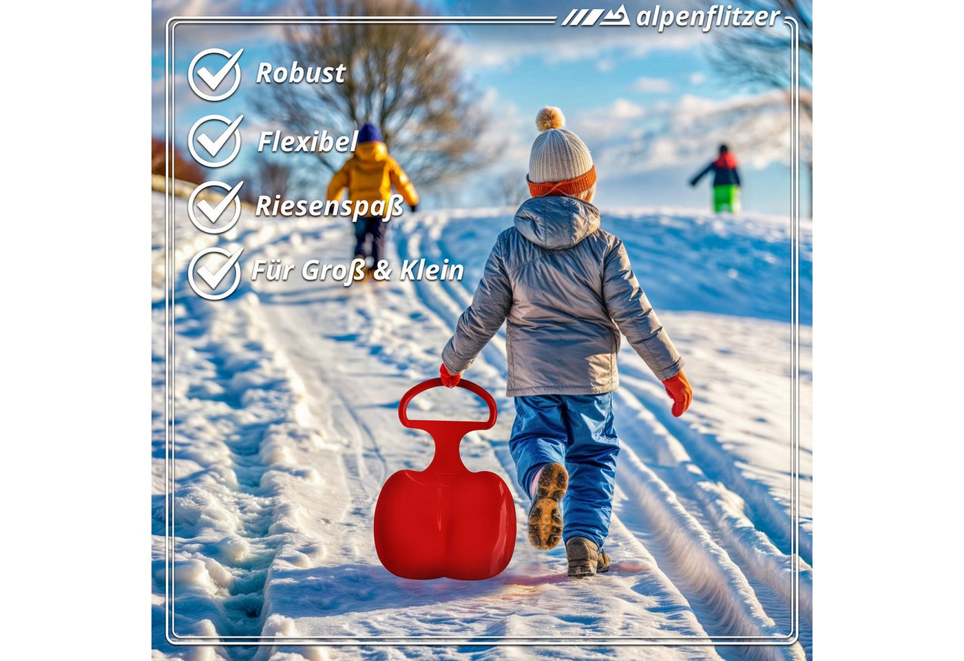 Alpenflitzer Schneerutscher ALPENFLITZER 2er Set Kinder Snow Sled-Poporutscher Schlitten mit Griff (Schlitten mit Griff, Schneerutscher Bob), 2er Set blau & rot Bild 2