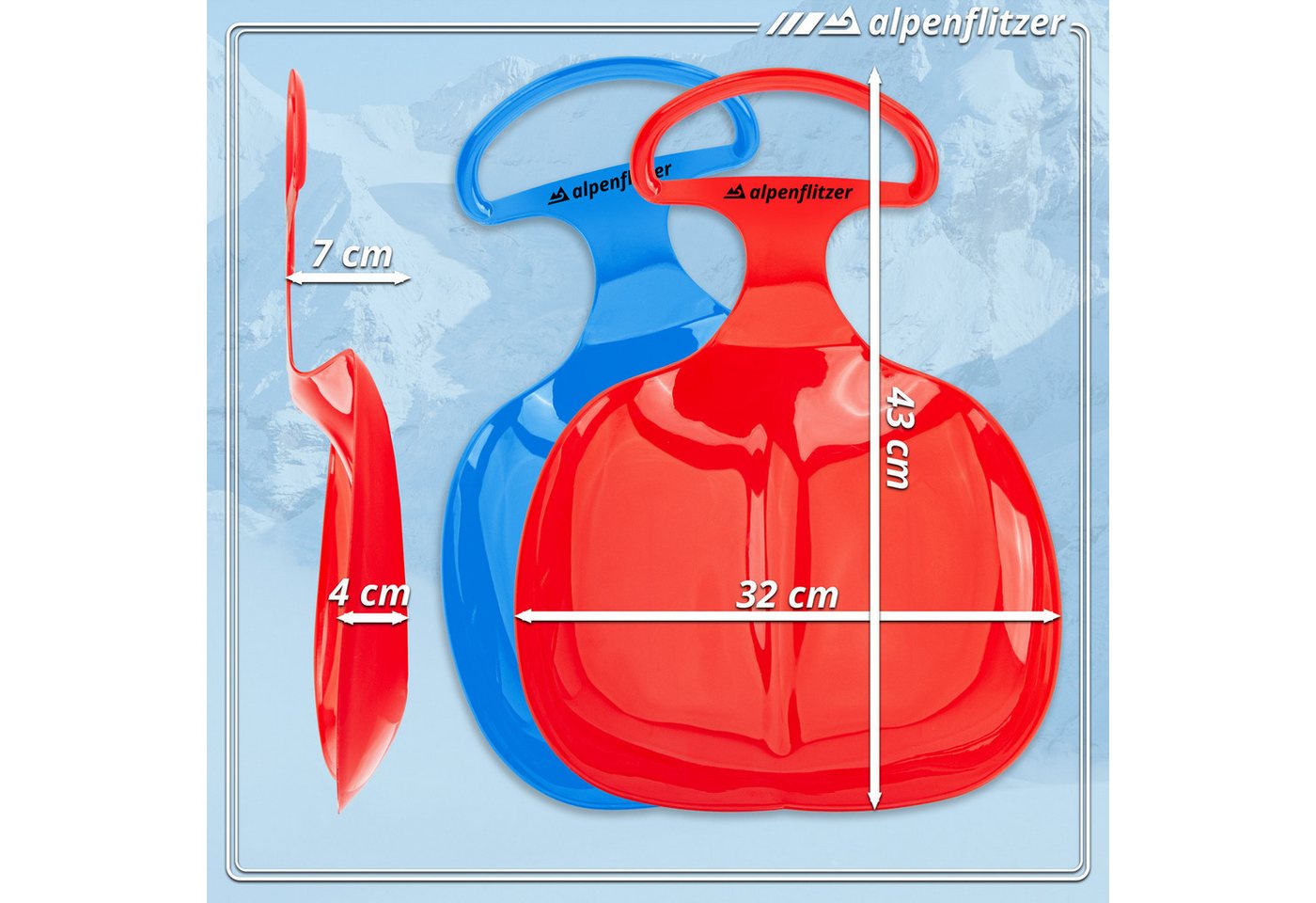 Alpenflitzer Schneerutscher ALPENFLITZER 2er Set Kinder Snow Sled-Poporutscher Schlitten mit Griff (Schlitten mit Griff, Schneerutscher Bob), 2er Set blau & rot Bild 3
