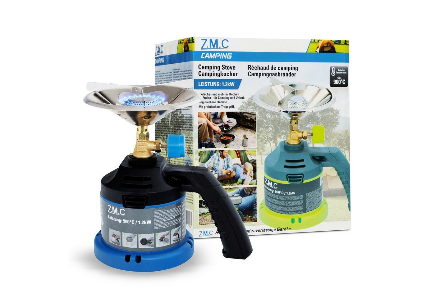 ZMC Gaskocher ZMC Campingkocher Gaskocher 1 flammig mit Griff Kohleanzünder +10x, (Kartuschenkocher Geeignet für Camping, Indoor, Indoor/Outdoor, Outdoor, Wandern), 1,2KW Leistung: 900 C Stechkartusche Kohleanzünder Herd Kochfeld