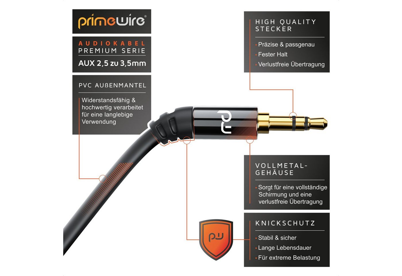 Primewire AUX Klinkenkabel 3,5 mm auf 2,5 mm, HiFi Verbindungskabel, 1,5 m Audio-Kabel, AUX, 3,5-mm-Klinke, 2,5-mm-Klinke (150 cm), HiFi Audio Adapter Klinkenkabel / Verbindungskabel - 1,5m Bild 2