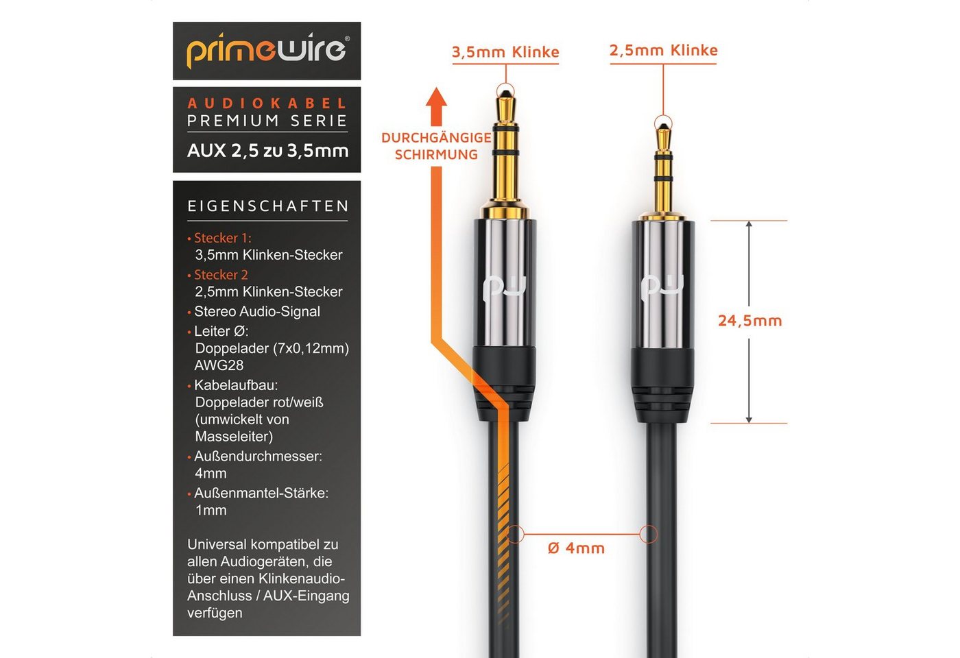 Primewire AUX Klinkenkabel 3,5 mm auf 2,5 mm, HiFi Verbindungskabel, 1,5 m Audio-Kabel, AUX, 3,5-mm-Klinke, 2,5-mm-Klinke (150 cm), HiFi Audio Adapter Klinkenkabel / Verbindungskabel - 1,5m Bild 3