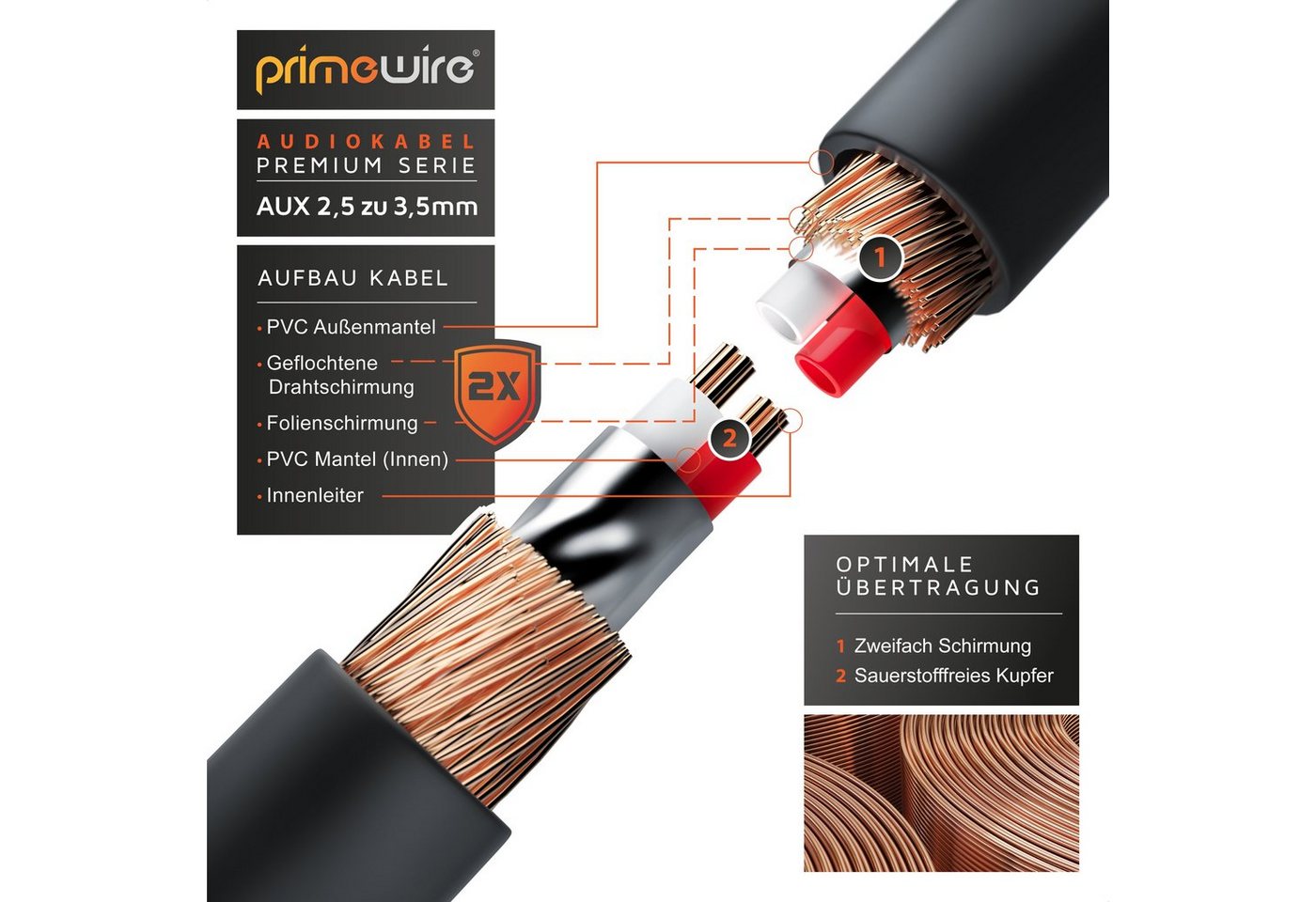 Primewire AUX Klinkenkabel 3,5 mm auf 2,5 mm, HiFi Verbindungskabel, 1,5 m Audio-Kabel, AUX, 3,5-mm-Klinke, 2,5-mm-Klinke (150 cm), HiFi Audio Adapter Klinkenkabel / Verbindungskabel - 1,5m Bild 5