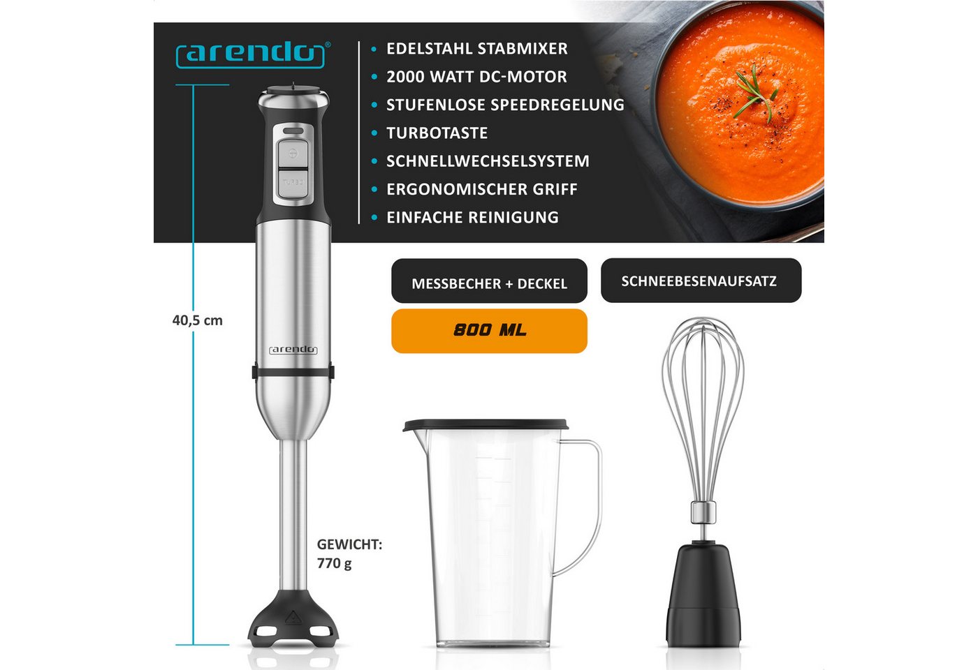 Arendo Stabmixer Set 2000 Watt, stufenlose Regelung, Edelstahl Pürierstab, Handmixer, 2000 W, Turbotaste, Abnehmbarer Mixfuß, DC-Motor, ergonomischer Griff