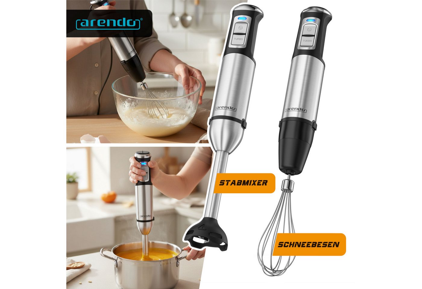 Arendo Stabmixer Set 2000 Watt, stufenlose Regelung, Edelstahl Pürierstab, Handmixer, 2000 W, Turbotaste, Abnehmbarer Mixfuß, DC-Motor, ergonomischer Griff Bild 2