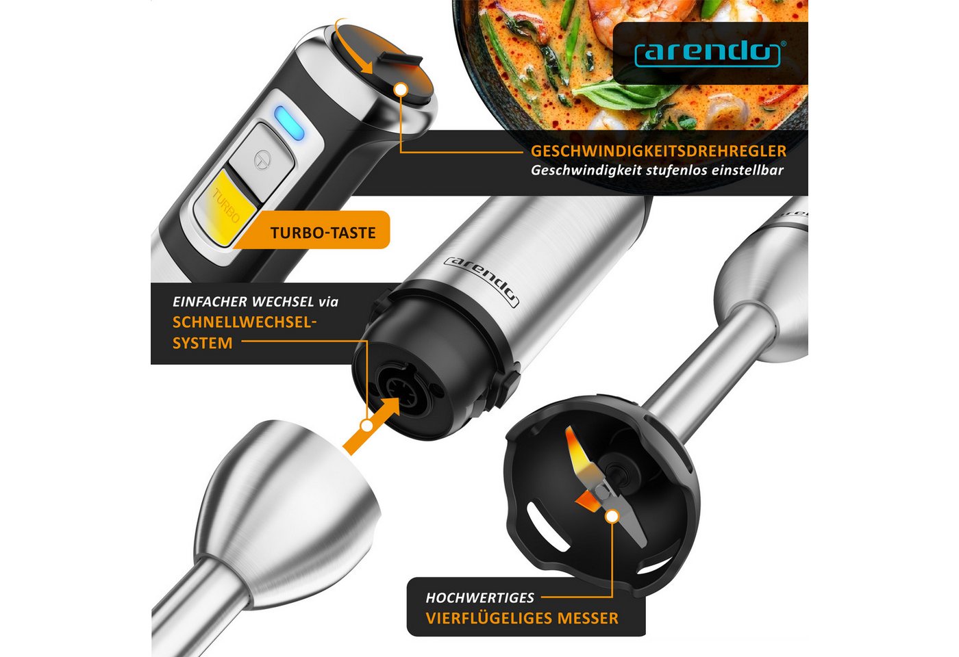 Arendo Stabmixer Set 2000 Watt, stufenlose Regelung, Edelstahl Pürierstab, Handmixer, 2000 W, Turbotaste, Abnehmbarer Mixfuß, DC-Motor, ergonomischer Griff Bild 4