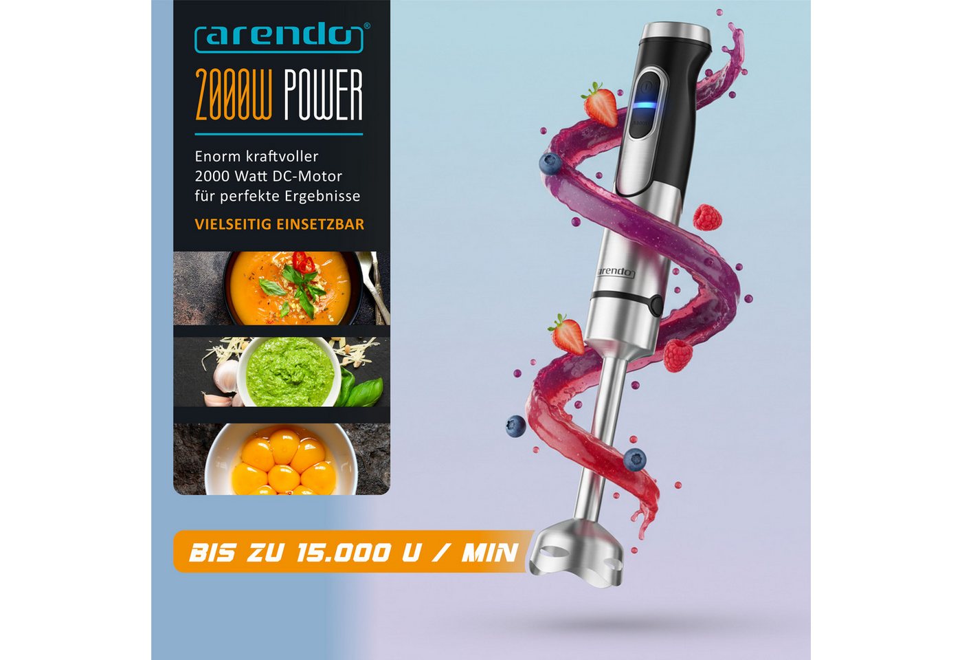 Arendo Stabmixer Set 2000 Watt, stufenlose Regelung, Edelstahl Pürierstab, Handmixer, 2000 W, Turbotaste, Abnehmbarer Mixfuß, DC-Motor, ergonomischer Griff Bild 5