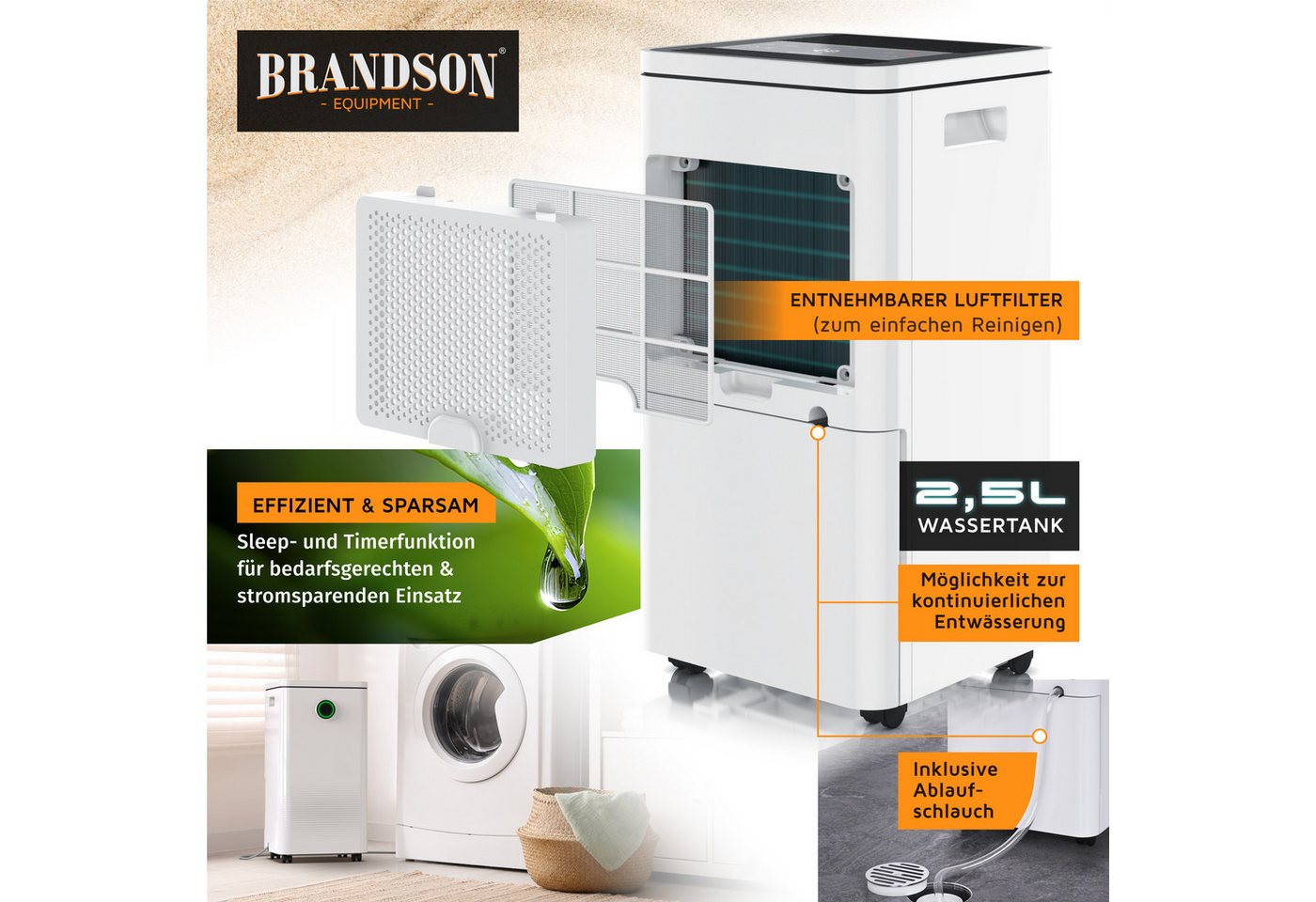 Brandson Luftentfeuchter mit Kompressor, Dehumidifier Raumentfeuchter elektrisch, 10L pro 24h, für 40 m³ Räume, Entfeuchtung 10 l/Tag, Tank 2,5 l, Timer, Defrosting, Sleep Modus/sehr leise für Schlafzimmer Bad Keller Bild 2