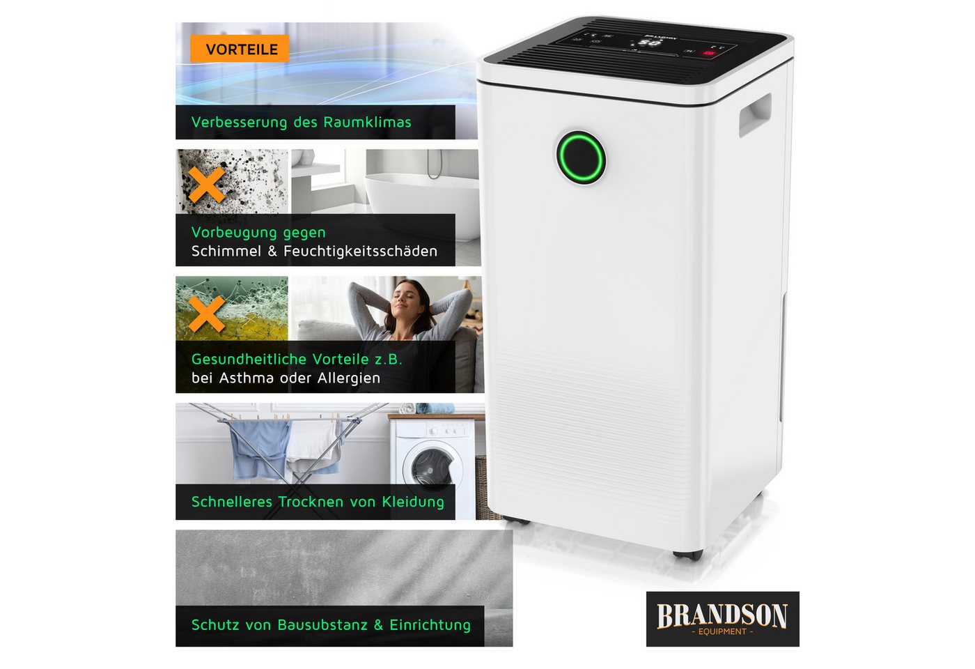 Brandson Luftentfeuchter mit Kompressor, Dehumidifier Raumentfeuchter elektrisch, 10L pro 24h, für 40 m³ Räume, Entfeuchtung 10 l/Tag, Tank 2,5 l, Timer, Defrosting, Sleep Modus/sehr leise für Schlafzimmer Bad Keller Bild 3