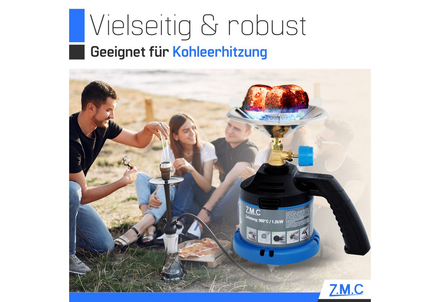 ZMC Gaskocher ZMC Campingkocher Gaskocher 1 flammig mit Griff Kohleanzünder + 8x, (Kartuschenkocher Geeignet für Camping, Indoor, Indoor/Outdoor, Outdoor, Wandern, Wandern), 1,2KW Leistung: 900 C Stechkartusche Kohleanzünder Herd Kochfeld