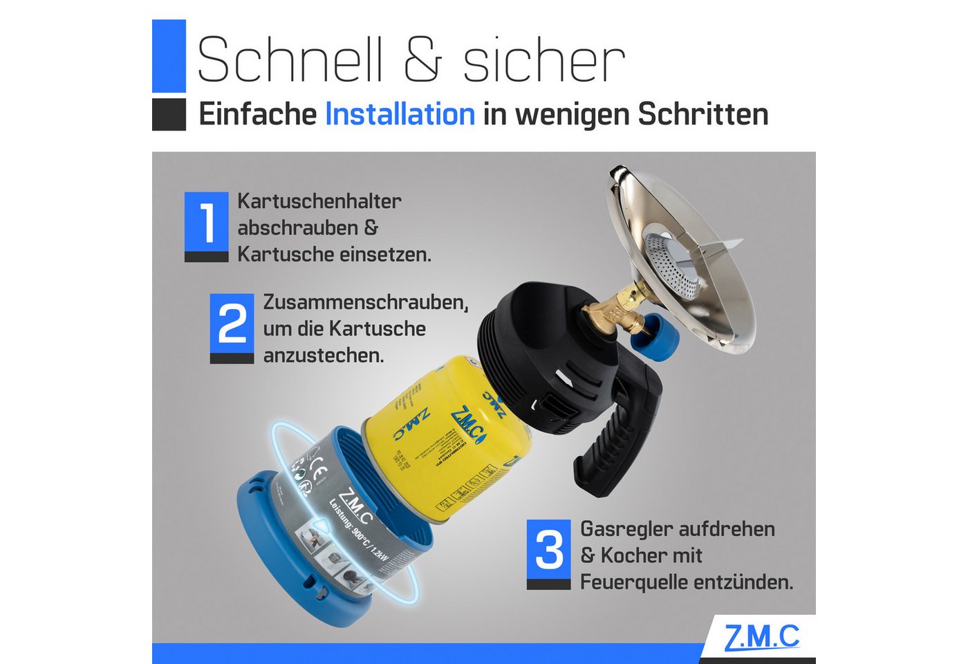 ZMC Gaskocher ZMC Campingkocher Gaskocher 1 flammig mit Griff Kohleanzünder + 8x, (Kartuschenkocher Geeignet für Camping, Indoor, Indoor/Outdoor, Outdoor, Wandern, Wandern), 1,2KW Leistung: 900 C Stechkartusche Kohleanzünder Herd Kochfeld Bild 2
