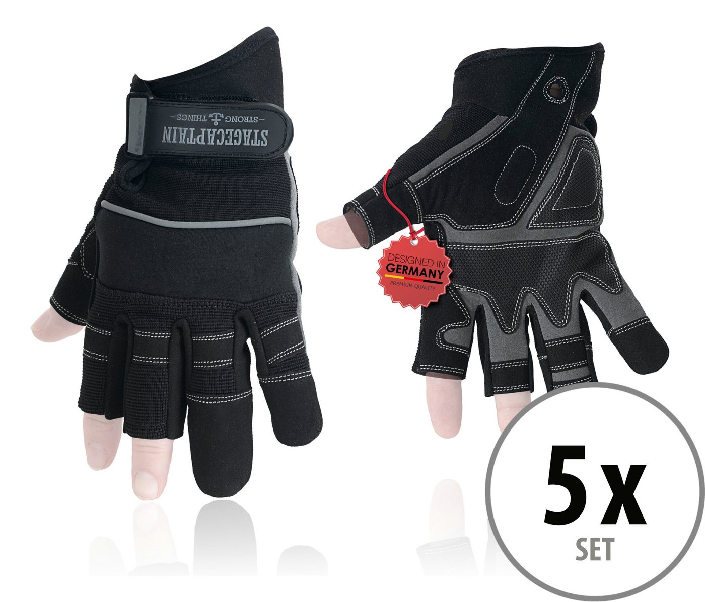 Stagecaptain Arbeitshandschuh-Set Rigger Handschuhe mit 3 kurzen Fingern - Größe M (5-St) Innenfläche aus Kunstleder Bild 3
