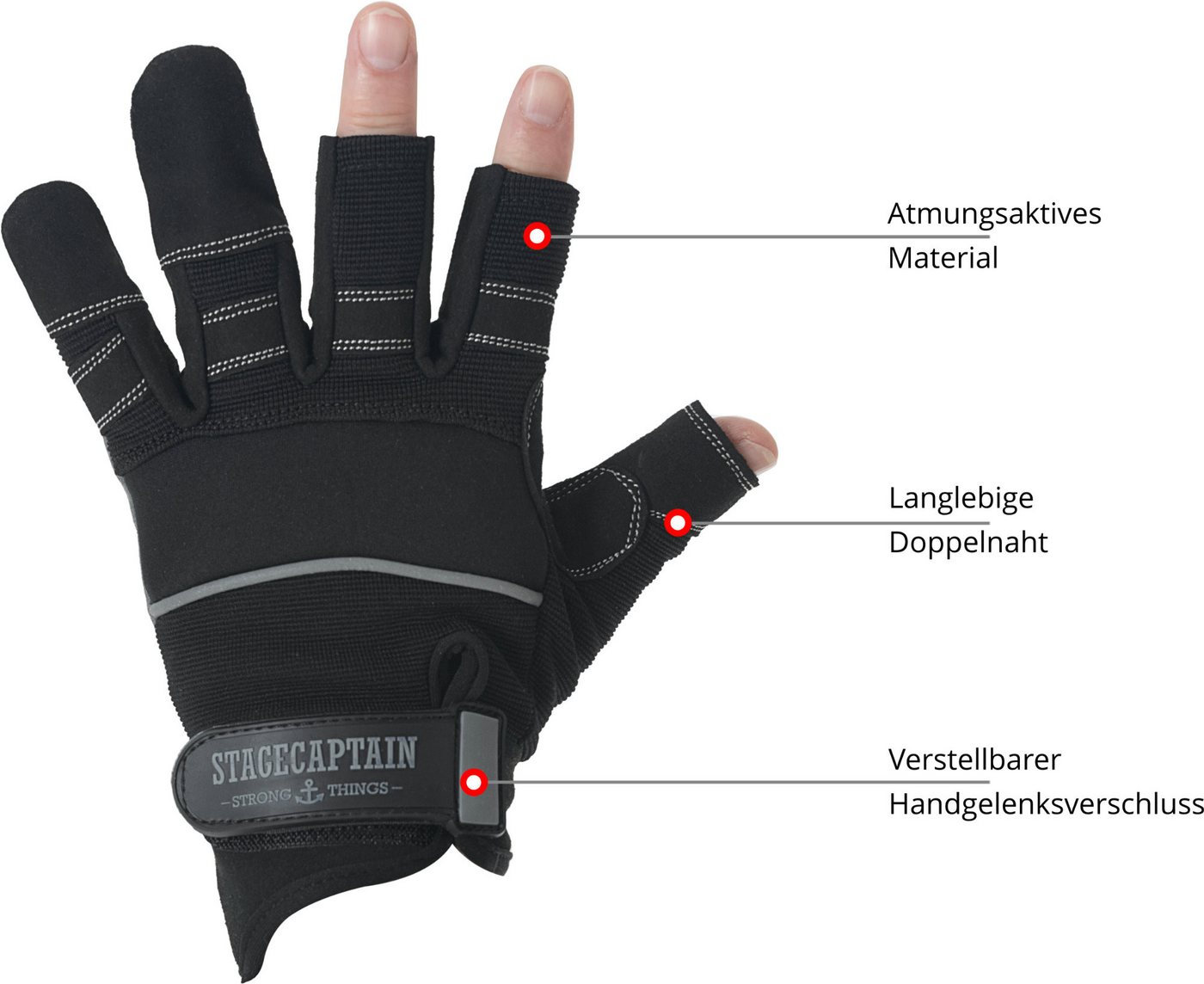 Stagecaptain Arbeitshandschuh-Set Rigger Handschuhe mit 3 kurzen Fingern - Größe M (5-St) Innenfläche aus Kunstleder Bild 5
