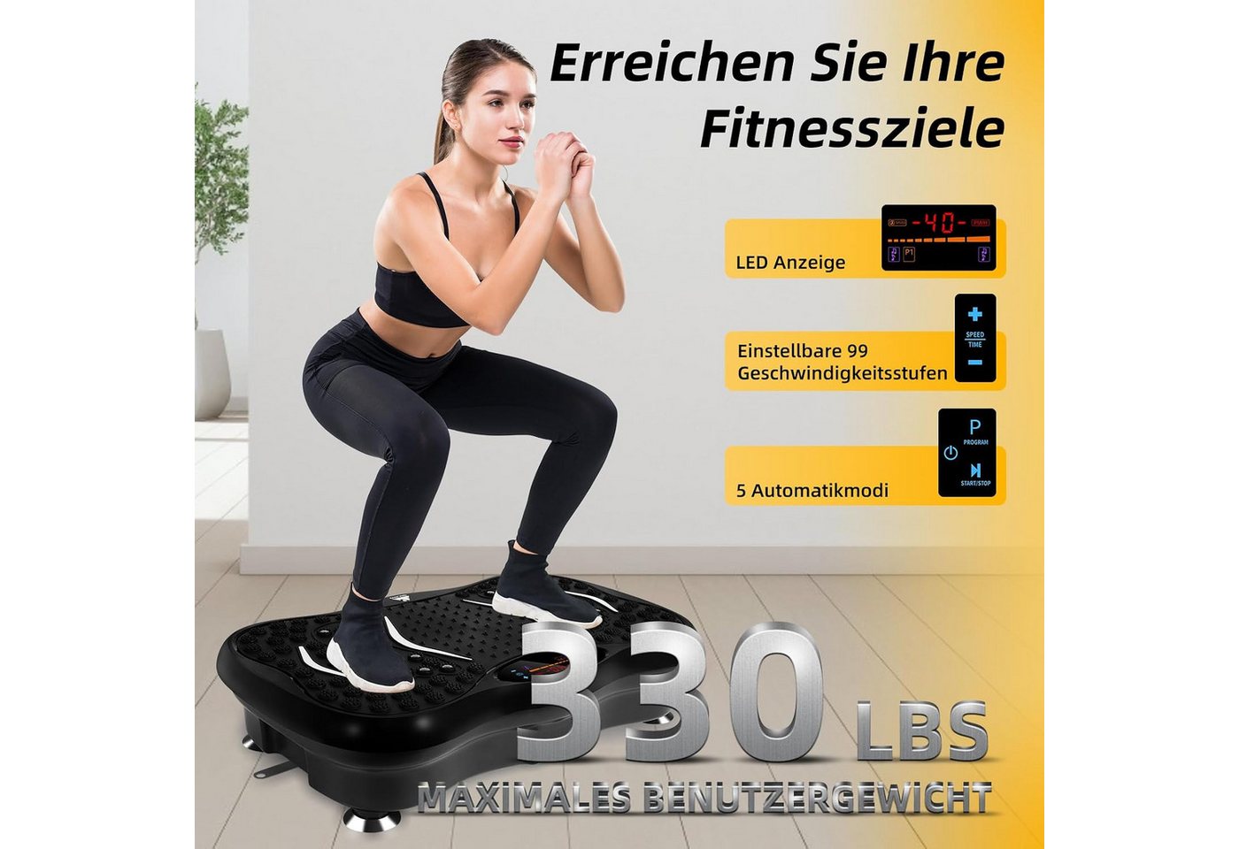 Fyrove Vibrationsplatte mit 5 Trainingsprogramme Widerstandsbänder mit Griff LED-Display, 99 Intensitätsstufen, Bluetooth für Ganzkörpertraining, Abnehmen, Fettverbrennung Bild 5