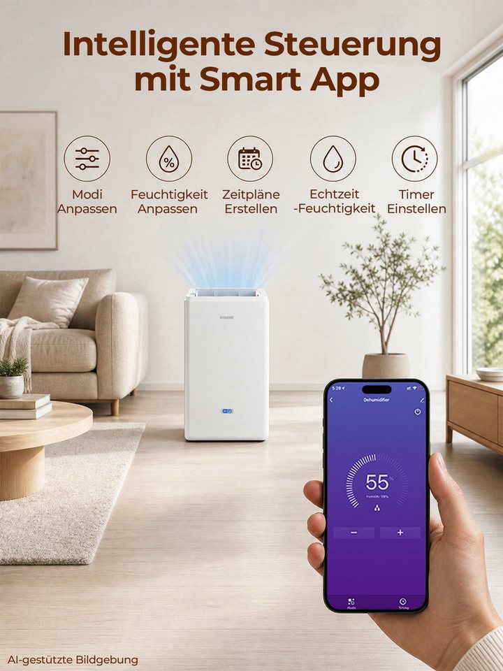 FOHERE Luftentfeuchter 30L/24h mit WLAN-App, Raumentfeuchter bis 50 m²/135 m³ für Keller, für 135 m³ Räume Bild 4