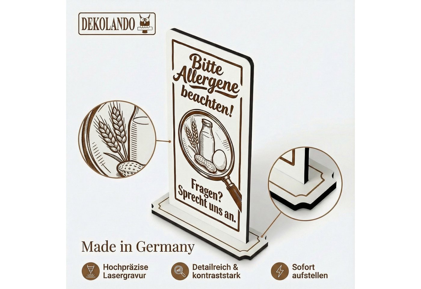 Dekolando Hinweisschild Aufsteller Schild „Bitte Allergene beachten! Fragen? Sprecht uns an.