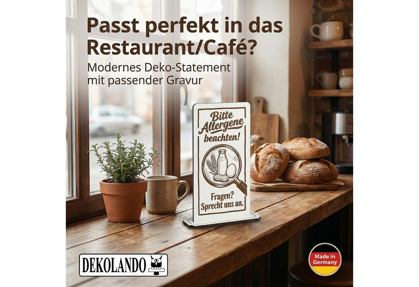 Dekolando Hinweisschild Aufsteller Schild „Bitte Allergene beachten! Fragen? Sprecht uns an. Bild 2