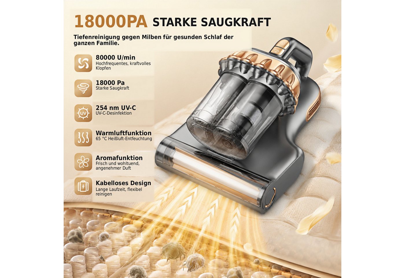 Circlio Matratzenreinigungsgerät 18kPa Kabelloser Milbenstaubsauger, Milbensauger für Matratzen, beutellos, mit UV-C-Licht, 60°C Warmluft, HEPA-Filter & Akku Bild 2