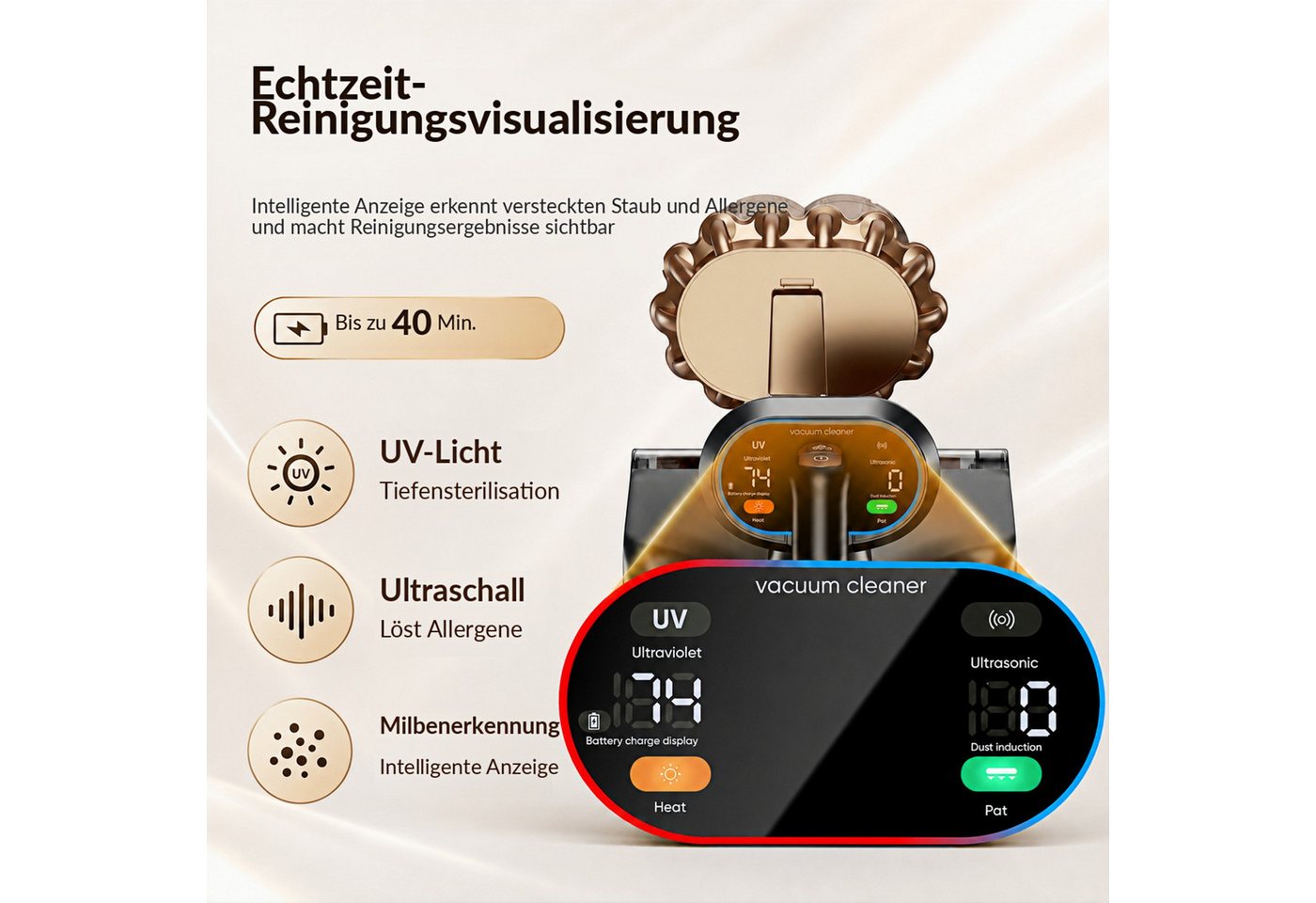 Circlio Matratzenreinigungsgerät 18kPa Kabelloser Milbenstaubsauger, Milbensauger für Matratzen, beutellos, mit UV-C-Licht, 60°C Warmluft, HEPA-Filter & Akku Bild 3