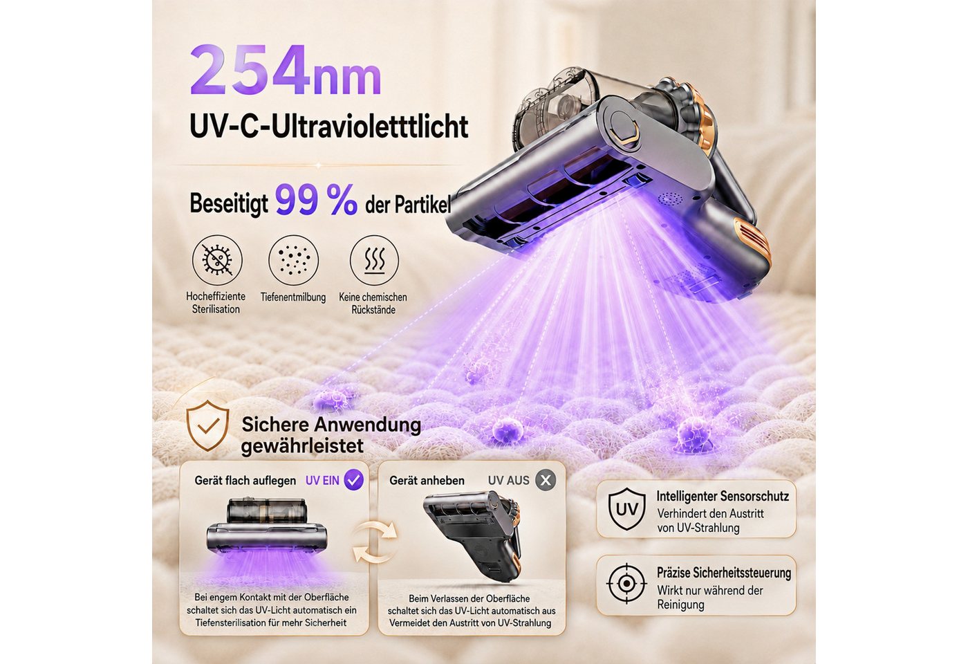 Circlio Matratzenreinigungsgerät 18kPa Kabelloser Milbenstaubsauger, Milbensauger für Matratzen, beutellos, mit UV-C-Licht, 60°C Warmluft, HEPA-Filter & Akku Bild 4