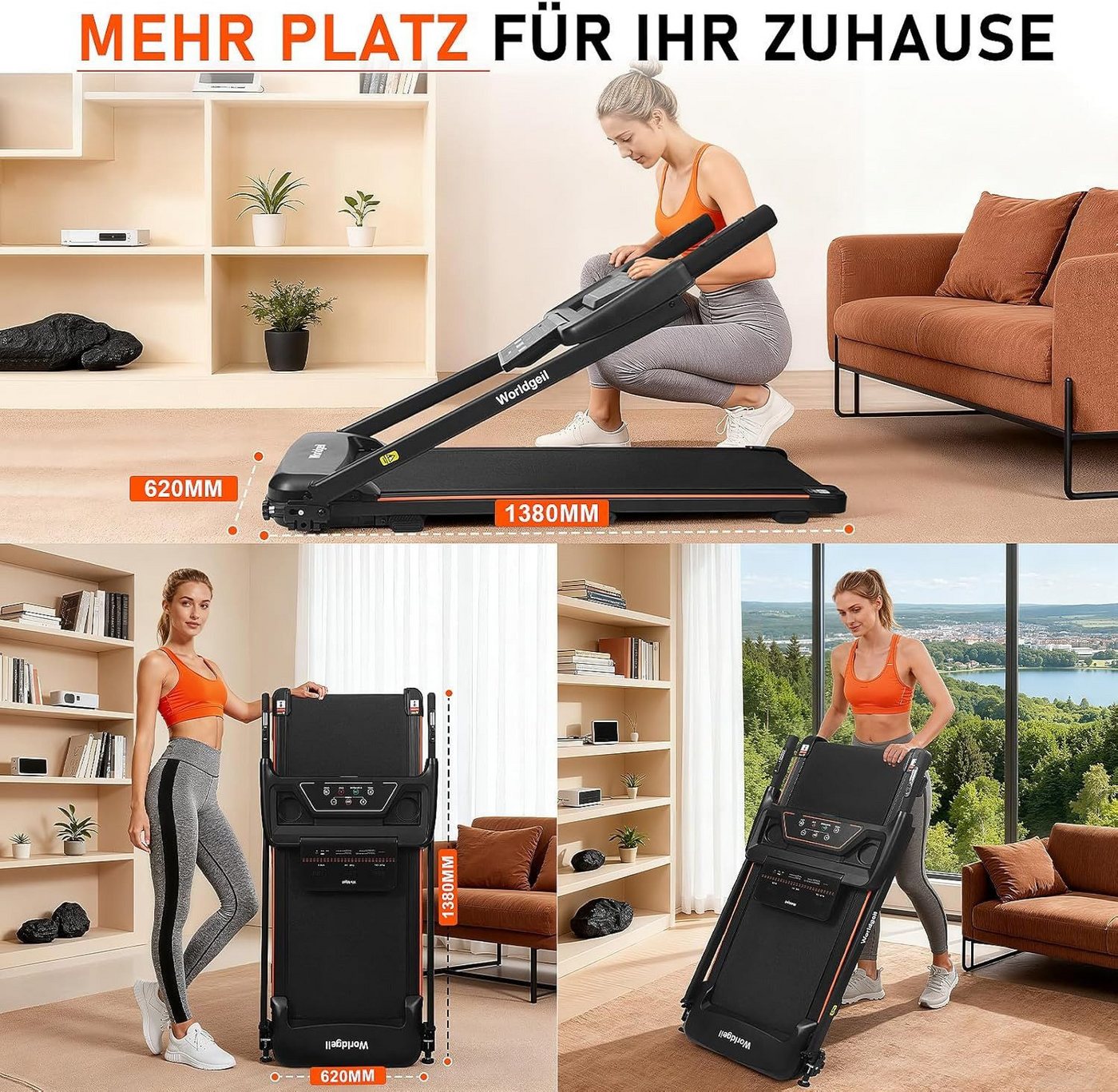 Nettlife Laufband klein für zur hause klappbar 14km/h Höchstgeschwindigkeit 90kg 7%, für Zuhause Walking Pad LED-Anzeige & Handlauf 138 x 62 x 105.5 cm