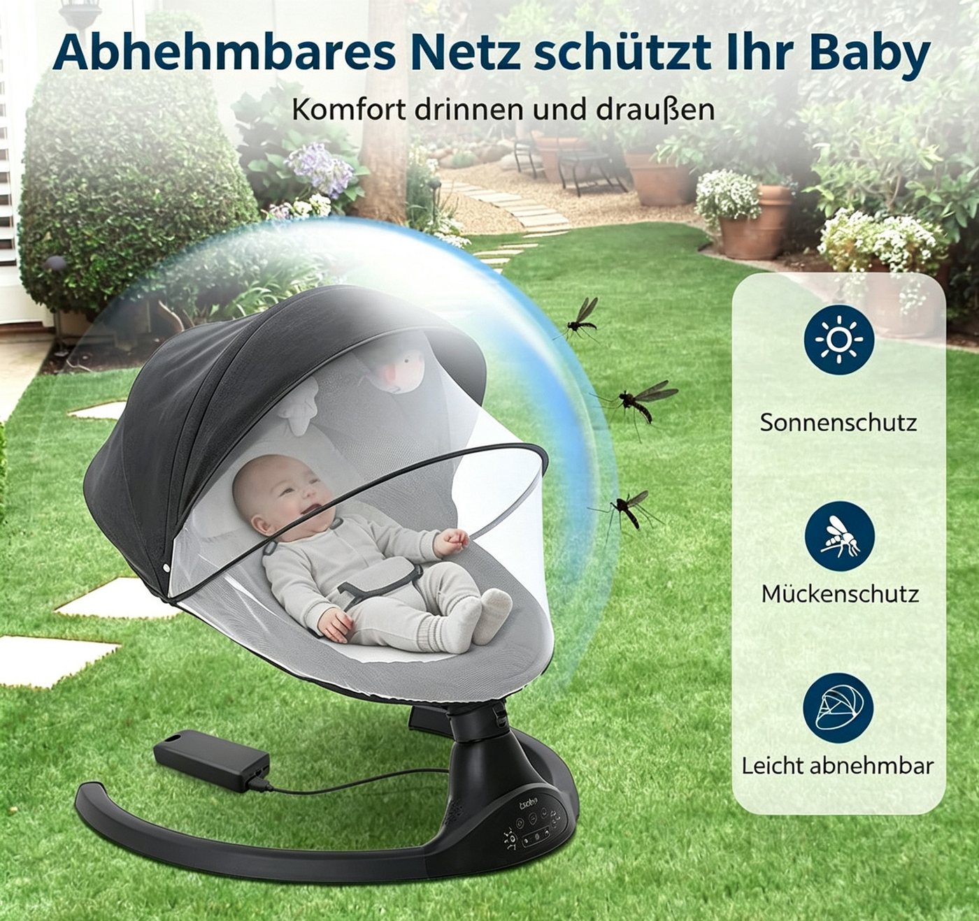 AUDEW Babywippe elektrisch Babyschaukel 5 Gang Schaukelstuhl, mit Fernbedienung, bluetooth Musik, Moskitonetz und 2 x Spielzeug