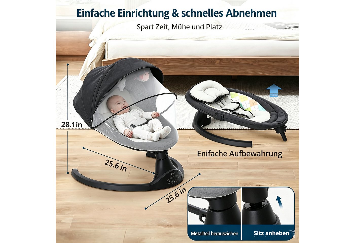 AUDEW Babywippe elektrisch Babyschaukel 5 Gang Schaukelstuhl, mit Fernbedienung, bluetooth Musik, Moskitonetz und 2 x Spielzeug Bild 2