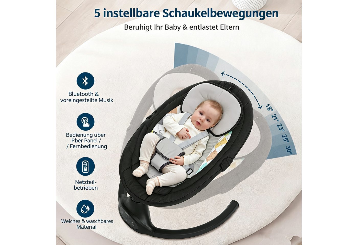 AUDEW Babywippe elektrisch Babyschaukel 5 Gang Schaukelstuhl, mit Fernbedienung, bluetooth Musik, Moskitonetz und 2 x Spielzeug Bild 3