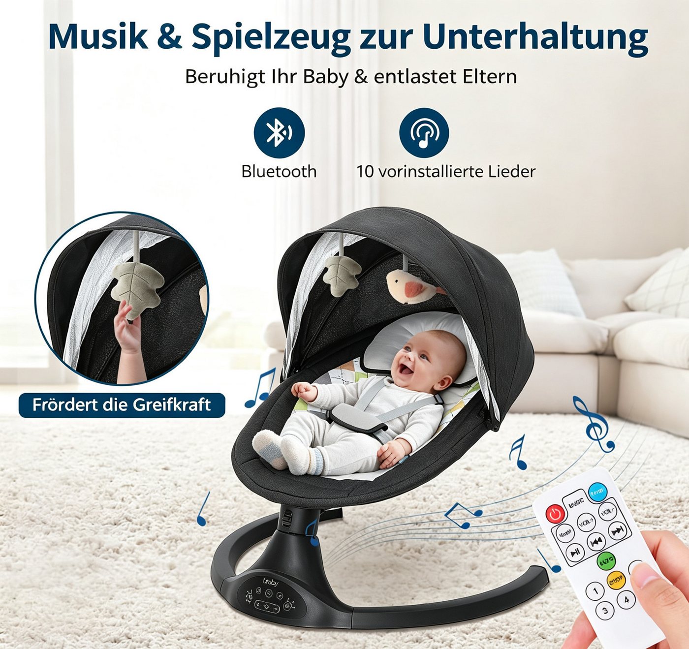 AUDEW Babywippe elektrisch Babyschaukel 5 Gang Schaukelstuhl, mit Fernbedienung, bluetooth Musik, Moskitonetz und 2 x Spielzeug Bild 4