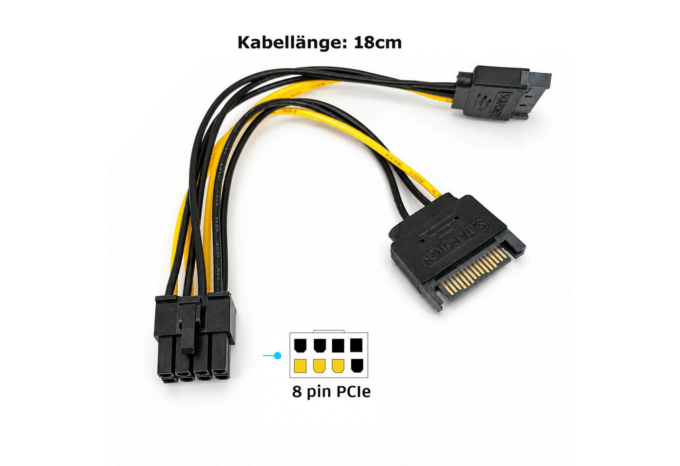Bolwins R37 SATA auf PCIe 8-Pin Adapterkabel für Grafikkarten 2x SATA 18cm Stromkabel, 2x SATA 15-Pin Stecker, 1x PCIe 8-Pin Stecker (18 cm), 2x SATA auf PCIe 8-Pin, 18cm Kabel, stabile Stromversorgung, Plug&Play Bild 4