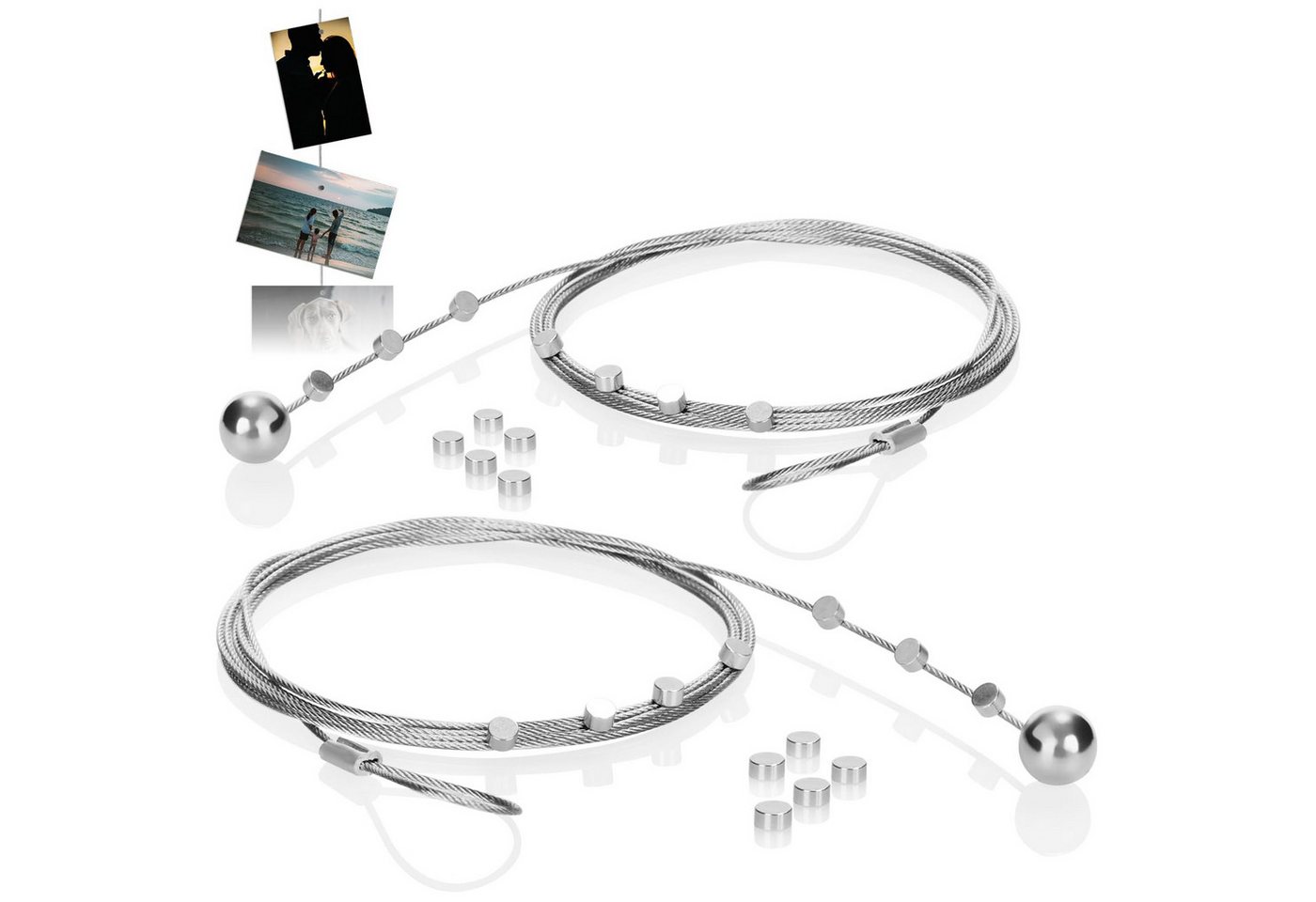 com-four Fotoseil Fotodrahtseil mit Magneten - 2 Meter Fotoleinen aus Metall (14-tlg), zum Aufhängen von Postkarten, Fotos und Notizen - Fotodraht Bild 2