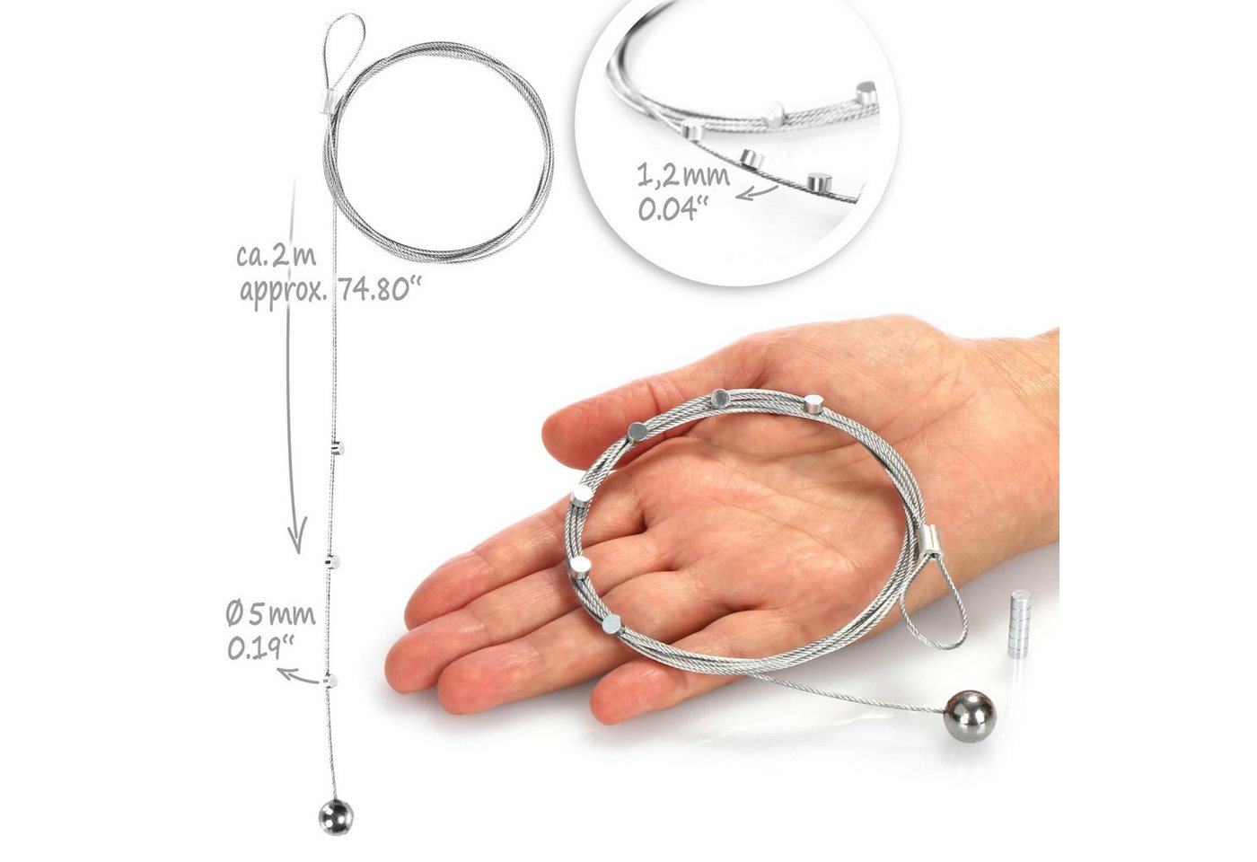com-four Fotoseil Fotodrahtseil mit Magneten - 2 Meter Fotoleinen aus Metall (14-tlg), zum Aufhängen von Postkarten, Fotos und Notizen - Fotodraht Bild 3