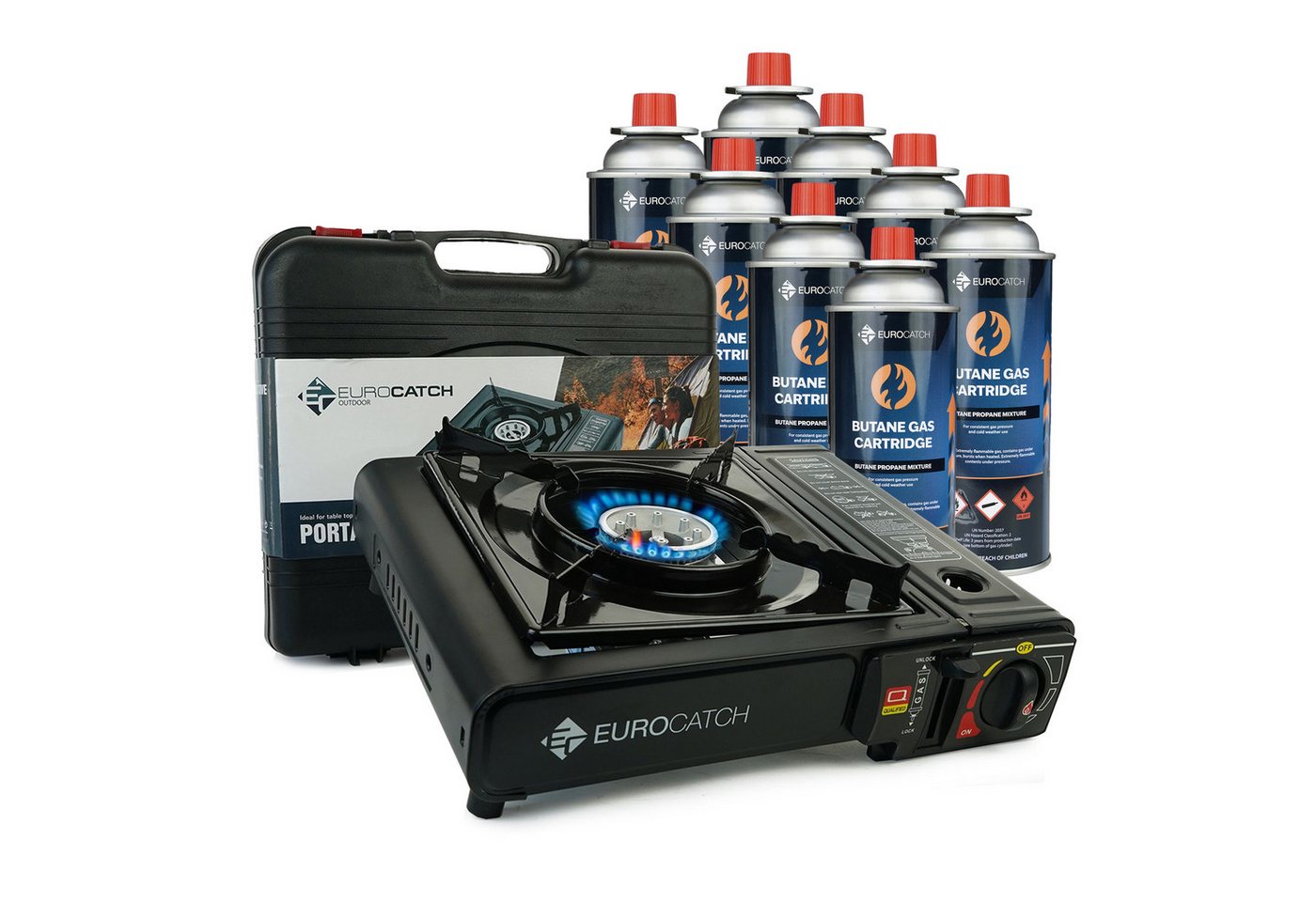 Eurocatch Fishing Gaskocher Eurocatch Camping-Gaskocher, (Set, 8-St., Gaskocher mit 8 Gaskartuschen und Transportkoffer), kompakt, integriertes Kartuschenfach, ohne Batterien verwendbar Bild 2
