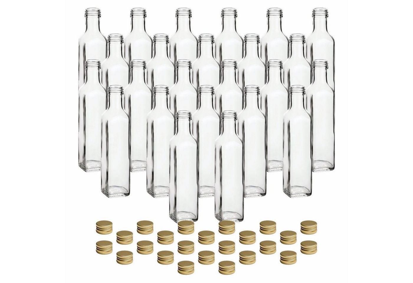 gouveo Trinkflasche Glasflaschen 250 ml Maraska mit Schraub-Deckel - Leere Likörflasche, 24er Set, goldfarben