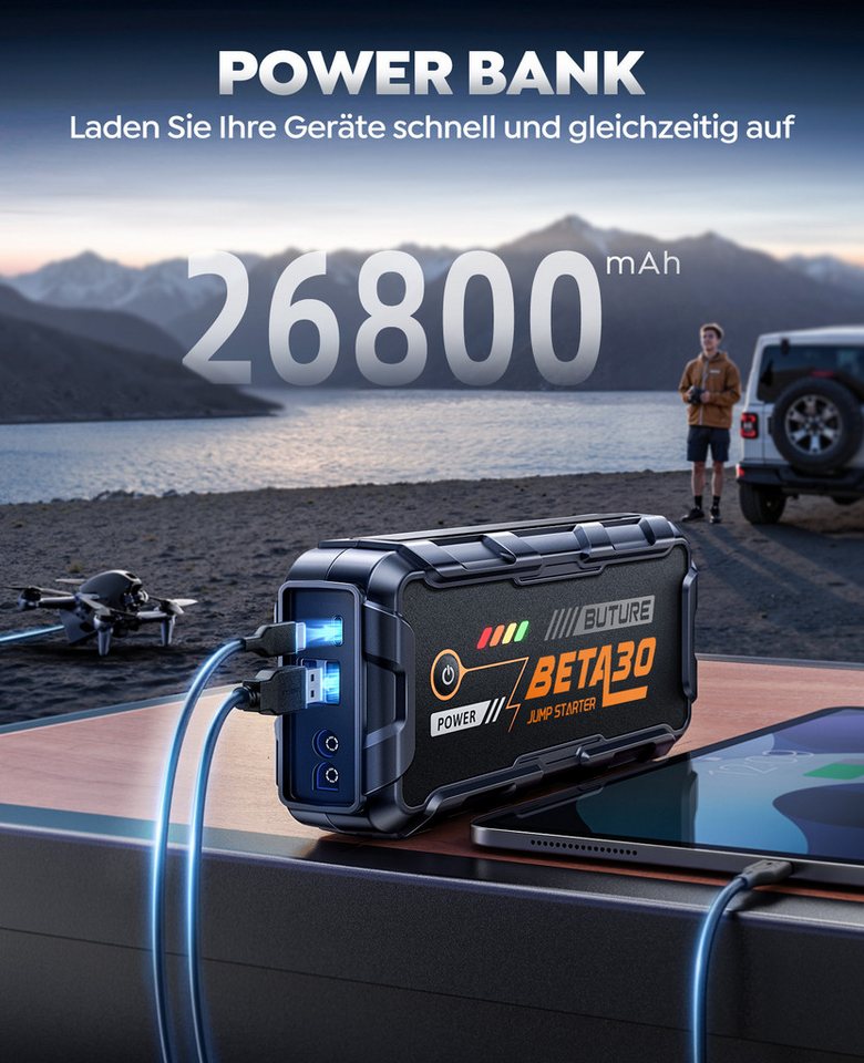 Buture Starthilfe Powerbank für PKW 6000A (All Gas/12,0L Diesel), 26800mAh Starthilfegerät (12 V), 800 Lumen Taschenlampe, 2 USB Ausgänge, Tragbarer Griff