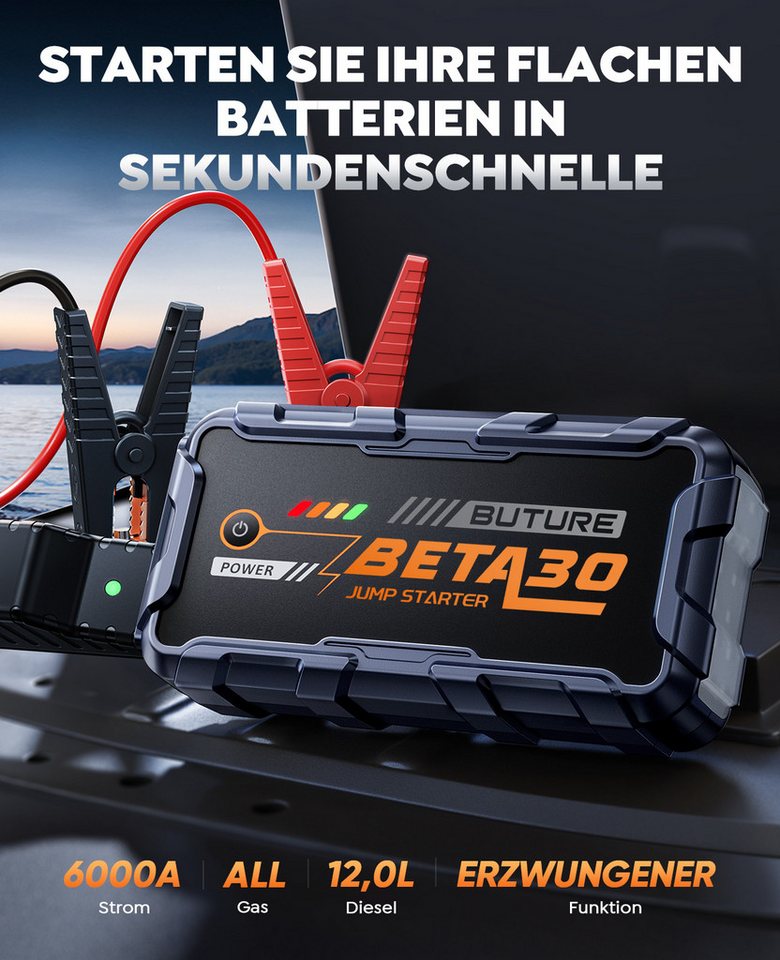 Buture Starthilfe Powerbank für PKW 6000A (All Gas/12,0L Diesel), 26800mAh Starthilfegerät (12 V), 800 Lumen Taschenlampe, 2 USB Ausgänge, Tragbarer Griff Bild 2