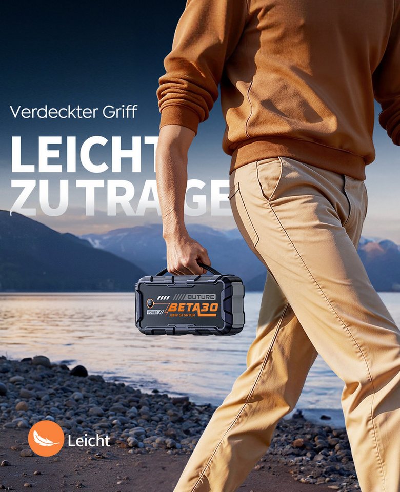 Buture Starthilfe Powerbank für PKW 6000A (All Gas/12,0L Diesel), 26800mAh Starthilfegerät (12 V), 800 Lumen Taschenlampe, 2 USB Ausgänge, Tragbarer Griff Bild 4