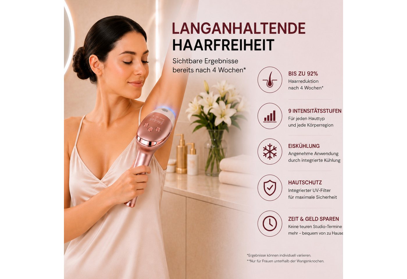 Lalano`S Cosmetics IPL-Haarentferner IceSilk Pro mit Eiskühlfunktion, HR/SC/RA & Auto-Modus, 999.999 Lichtimpulse, 9 Intensitätsstufen Bild 4