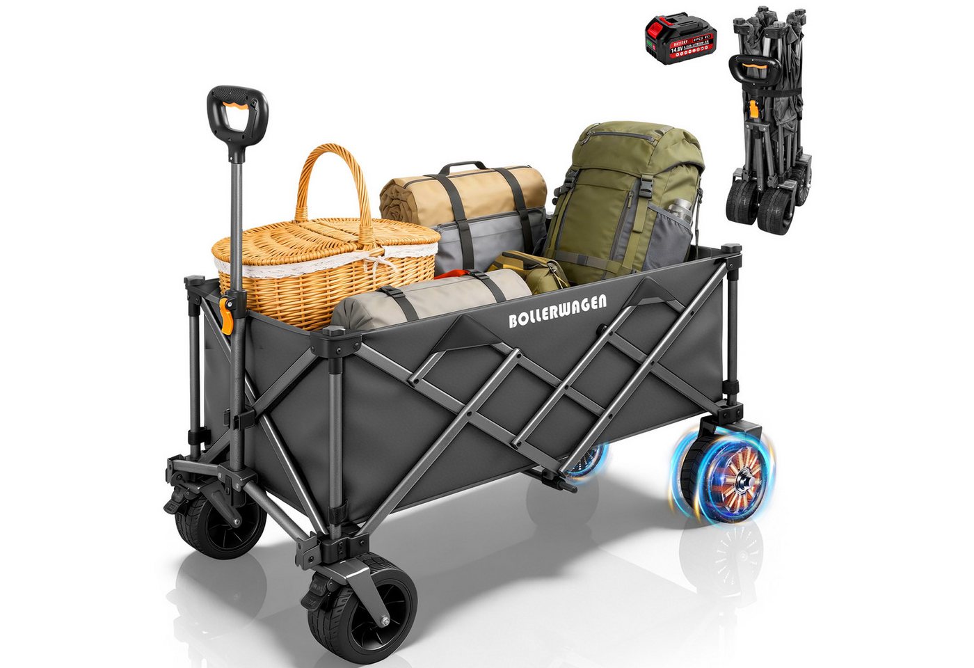 XIIW Bollerwagen Faltbar Elektrischer Handwagen 3Gang 280L 120KG Belastbar Gartenwagen (Elektrokarre mit 4,0Ah-Akku & 50W Bürstenlos Motor), Kompatibel mit Makita Akku für Camping Strand Einkauf Bild 3