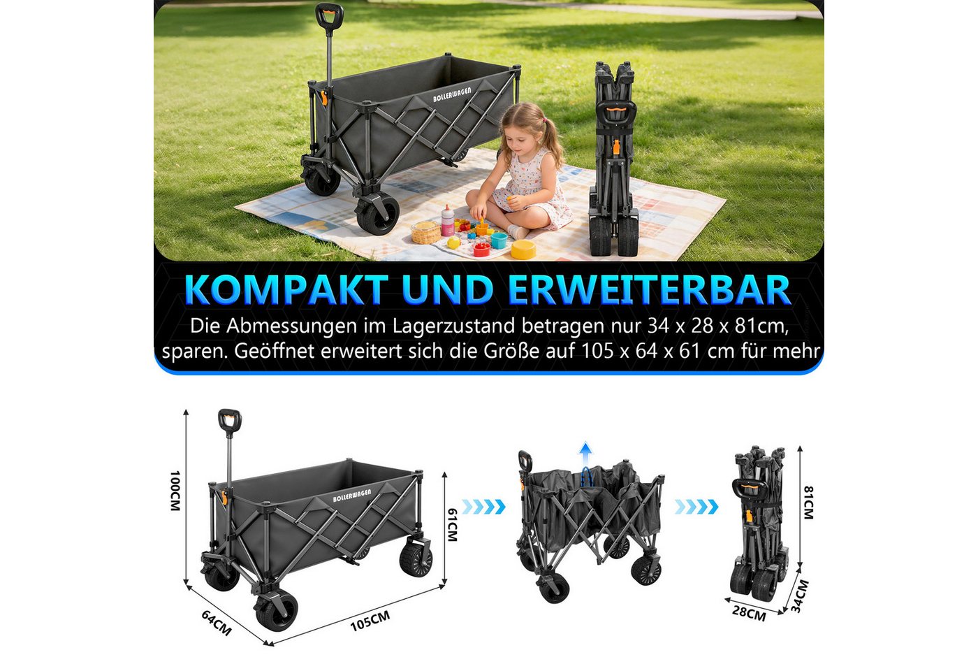 XIIW Bollerwagen Faltbar Elektrischer Handwagen 3Gang 280L 120KG Belastbar Gartenwagen (Elektrokarre mit 4,0Ah-Akku & 50W Bürstenlos Motor), Kompatibel mit Makita Akku für Camping Strand Einkauf Bild 5