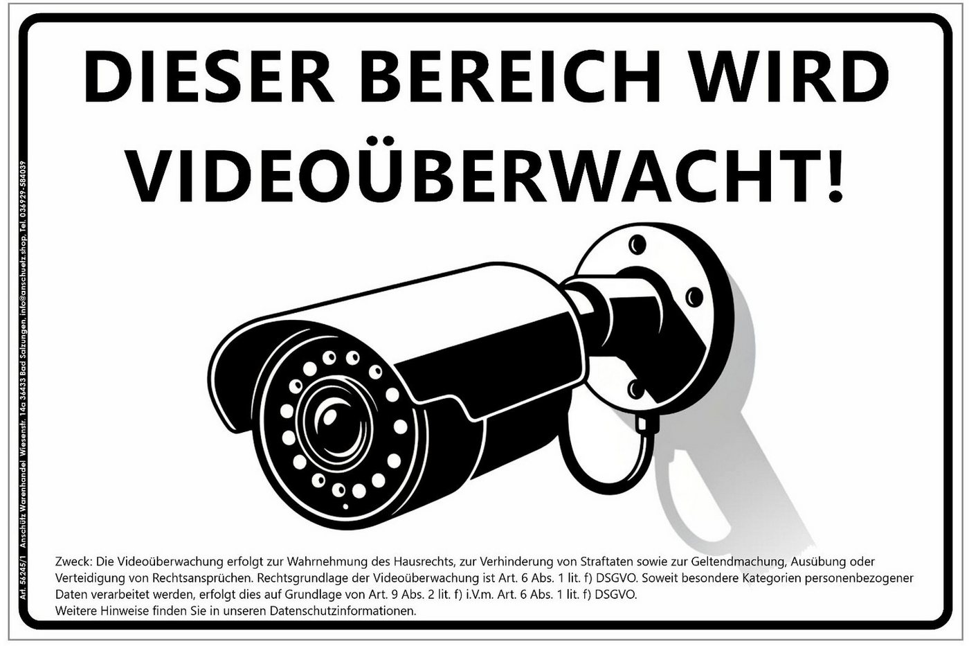 Anschütz Hinweisschild Hinweisschild Videoüberwachung 30x20cm mit DSGVO Hinweis, 30 x 20cm