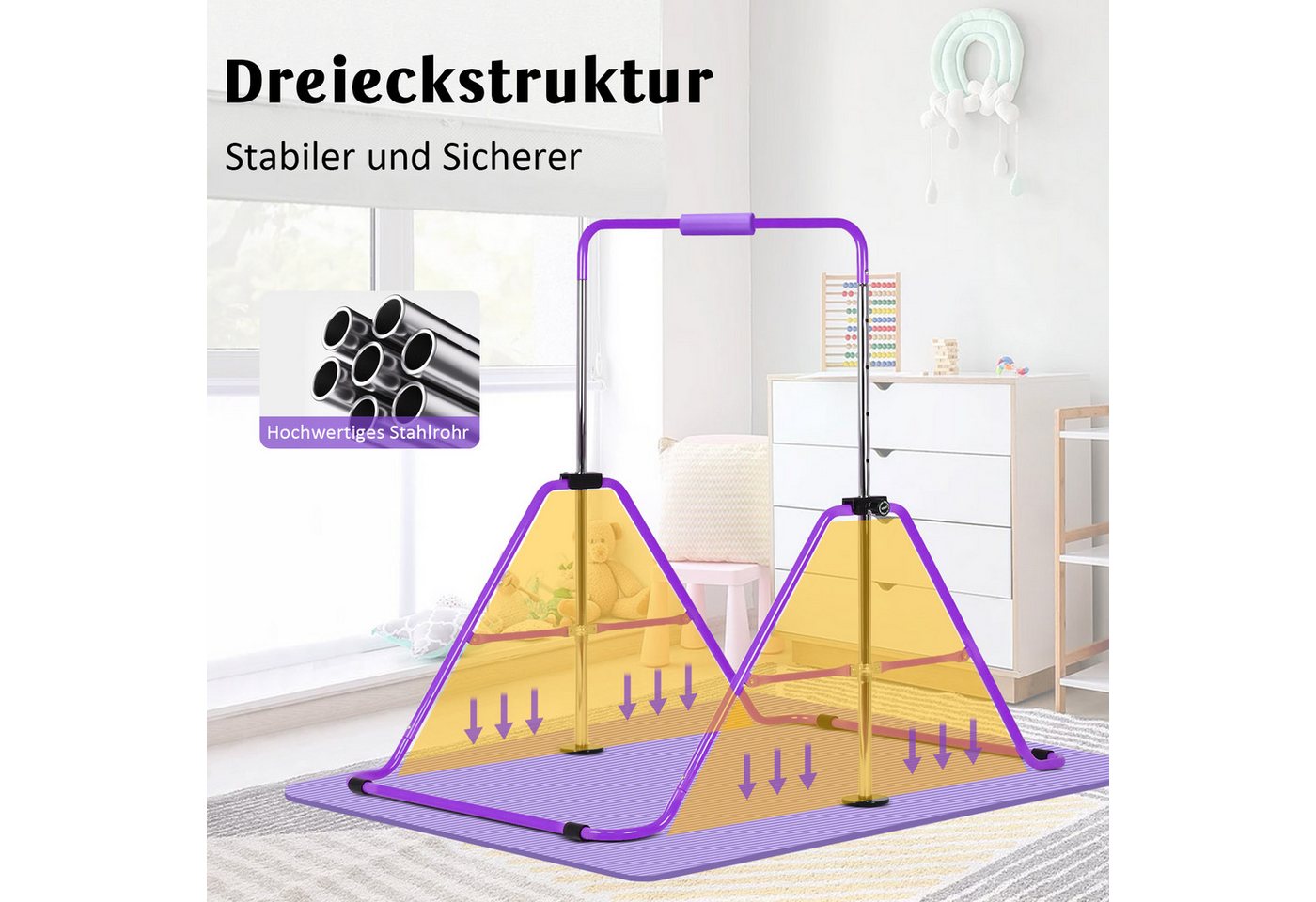 Hausright Turnreck Gymnastikstange für Kinder, Turnstange ab 3 Jahre, 88-128cm, (Gymnastikstange, Gymnastikmatte, Polster & 2 Ringen), Verstellbaren Höhen Faltbare Reckstange Reckanlage