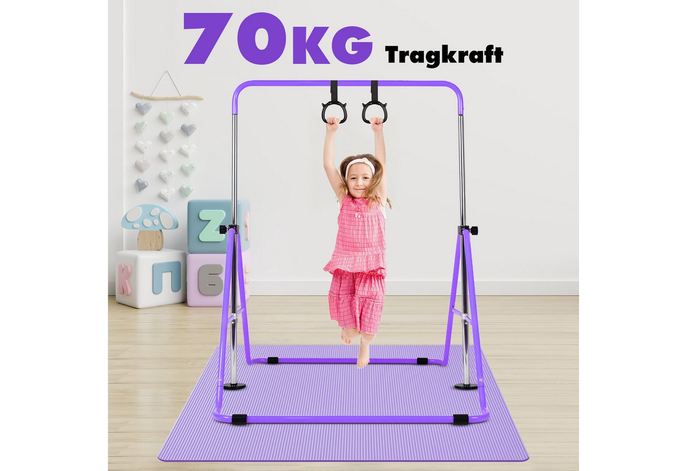 Hausright Turnreck Gymnastikstange für Kinder, Turnstange ab 3 Jahre, 88-128cm, (Gymnastikstange, Gymnastikmatte, Polster & 2 Ringen), Verstellbaren Höhen Faltbare Reckstange Reckanlage Bild 2
