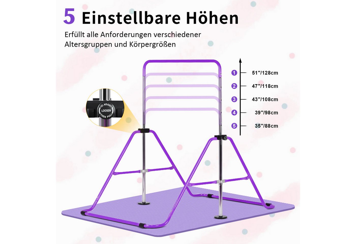 Hausright Turnreck Gymnastikstange für Kinder, Turnstange ab 3 Jahre, 88-128cm, (Gymnastikstange, Gymnastikmatte, Polster & 2 Ringen), Verstellbaren Höhen Faltbare Reckstange Reckanlage Bild 3
