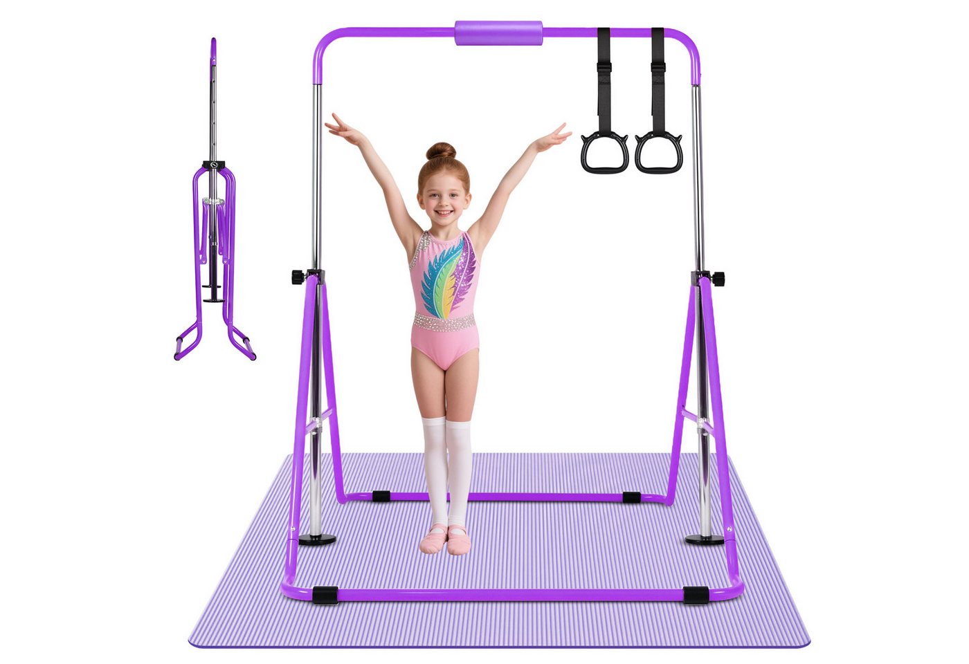 Hausright Turnreck Gymnastikstange für Kinder, Turnstange ab 3 Jahre, 88-128cm, (Gymnastikstange, Gymnastikmatte, Polster & 2 Ringen), Verstellbaren Höhen Faltbare Reckstange Reckanlage Bild 4