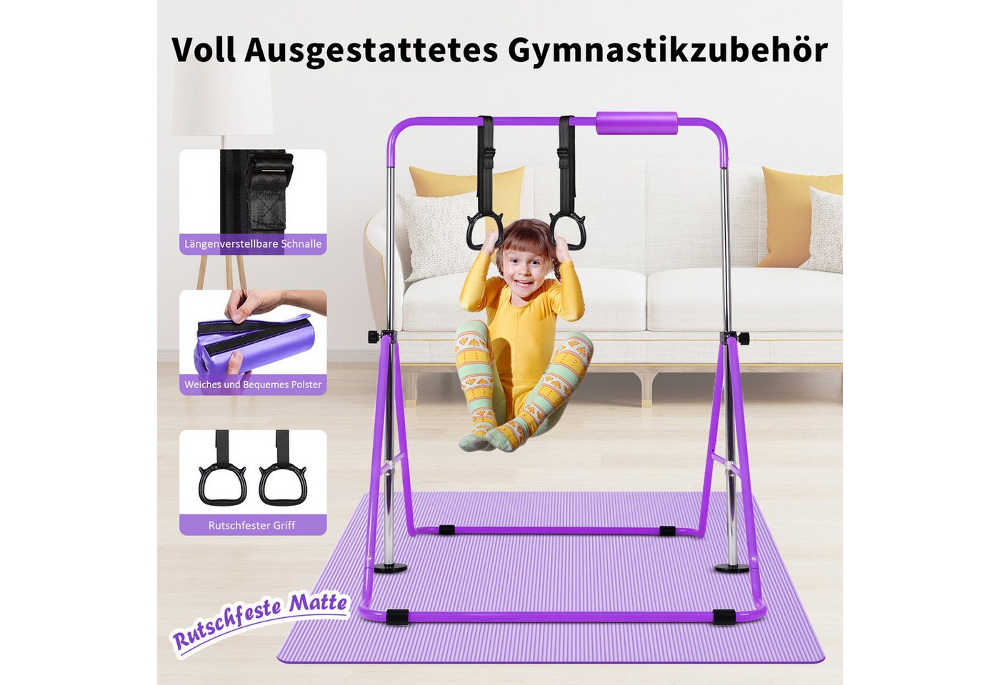 Hausright Turnreck Gymnastikstange für Kinder, Turnstange ab 3 Jahre, 88-128cm, (Gymnastikstange, Gymnastikmatte, Polster & 2 Ringen), Verstellbaren Höhen Faltbare Reckstange Reckanlage Bild 5