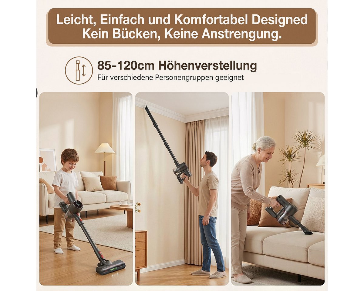PRASKY Stielstaubsauger Akku Staubsauger Kabellos, Stielstaubsauger 65kPa/60Min, HEPA-Filter, 550 W, mit Beutel, staubsauger kabellos 550W Leicht und ideal für kleine Wohnungen