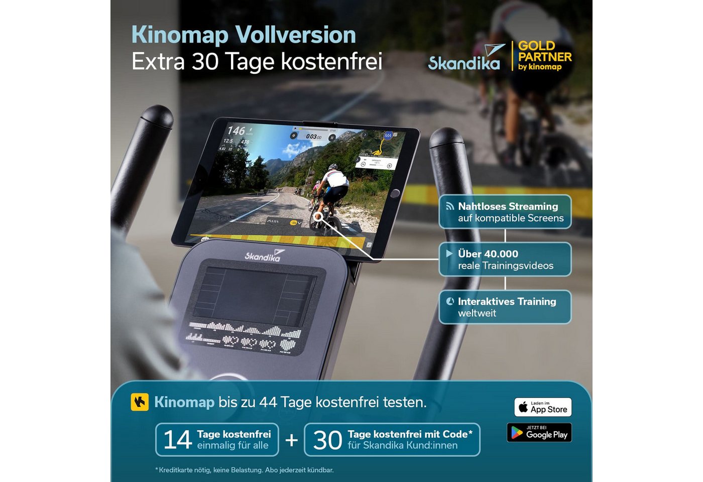 Skandika Ergometer für Zuhause, Cykling P10, mit 32 Widerstandstufen, Magnetbremse (13 Programme - Bluetooth - App-Verbindung, Kinomap, Handpulssensoren), bis 135 kg und 200 cm, LCD-Display, Transportrollen, Tablet-Halterung