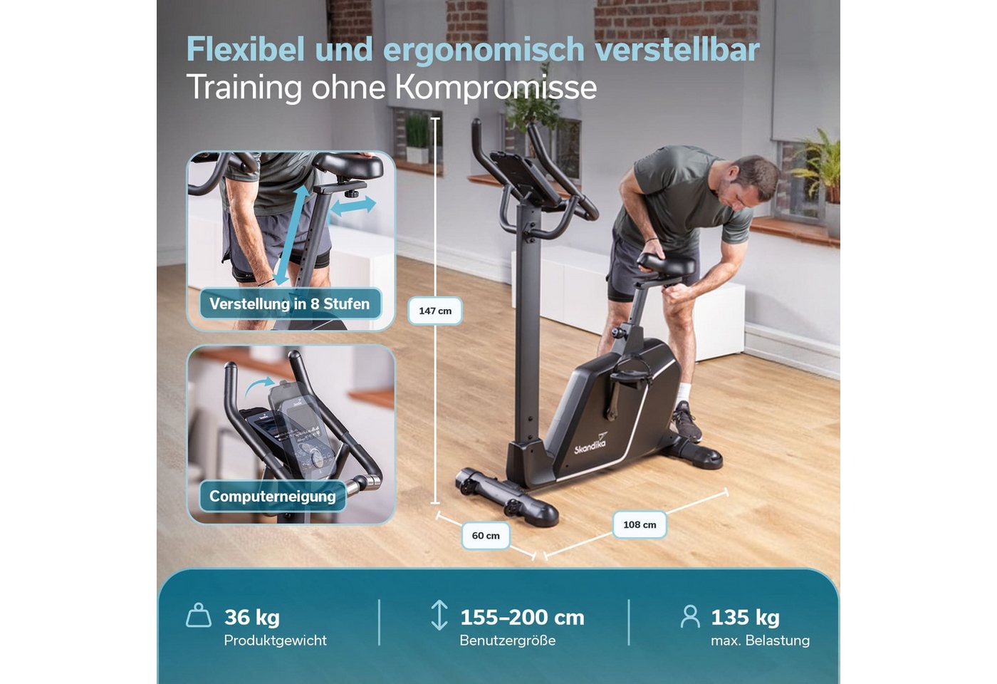 Skandika Ergometer für Zuhause, Cykling P10, mit 32 Widerstandstufen, Magnetbremse (13 Programme - Bluetooth - App-Verbindung, Kinomap, Handpulssensoren), bis 135 kg und 200 cm, LCD-Display, Transportrollen, Tablet-Halterung Bild 2