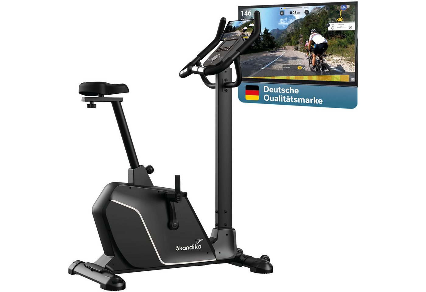 Skandika Ergometer für Zuhause, Cykling P10, mit 32 Widerstandstufen, Magnetbremse (13 Programme - Bluetooth - App-Verbindung, Kinomap, Handpulssensoren), bis 135 kg und 200 cm, LCD-Display, Transportrollen, Tablet-Halterung Bild 4