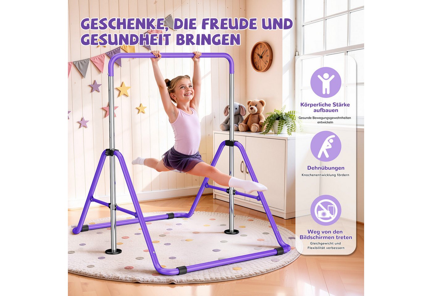 ZAISZE Turnreck Gymnastikstange Kinder mit Verstellbarkeit, (1-St., Trainingsgeräte Stah, Reckstange Outdoor & Indoor, Turngeräte für Kinder 3–12 Jahre), Turnstange Kinder mit 13 Höhenstufen, Reckstange Outdoor & Indoor